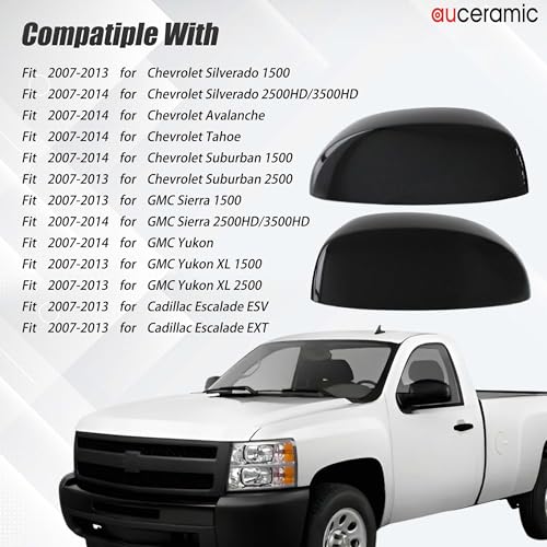AUCERAMIC Gloss Black Top Half Mirror Covers Fit 2007-2014 for Chevy Chevrolet Silverado Avalanche Tahoe Suburban GMC Sierra Yukon 1500 2500HD 3500HD for Cadillac Escalade ESV EXT, 25788157 25788156 - Image 2