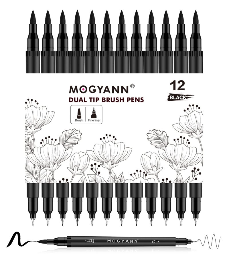 Mogyann Drawing Pens 12 Pack Dual Brush Pens Black Markers for Art Drawing Sketching