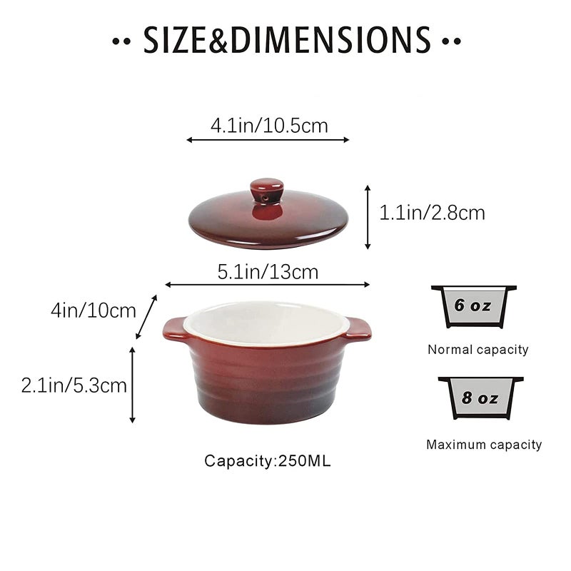 UNICASA 8 oz Ceramic Ramekins with Lid, Mini Casserole Dish with Handles Set of 4, Porcelain Small Baking Dish, Round Small Cocotte Oven Safe, Reactive Glaze (Red) - Image 2