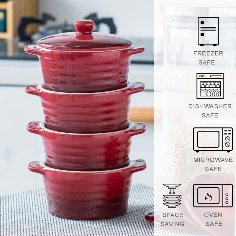 UNICASA 8 oz Ceramic Ramekins with Lid, Mini Casserole Dish with Handles Set of 4, Porcelain Small Baking Dish, Round Small Cocotte Oven Safe, Reactive Glaze (Red) - Image 4