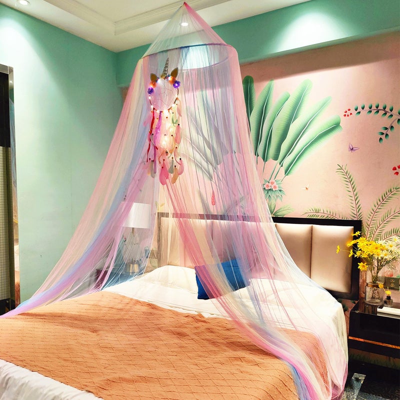 Eimilaly Princess Rainbow Bed Canopy with Unicorn Dream Catcher  Lights Bed Canopy for Girls Room Decor or Unicorn Theme Party