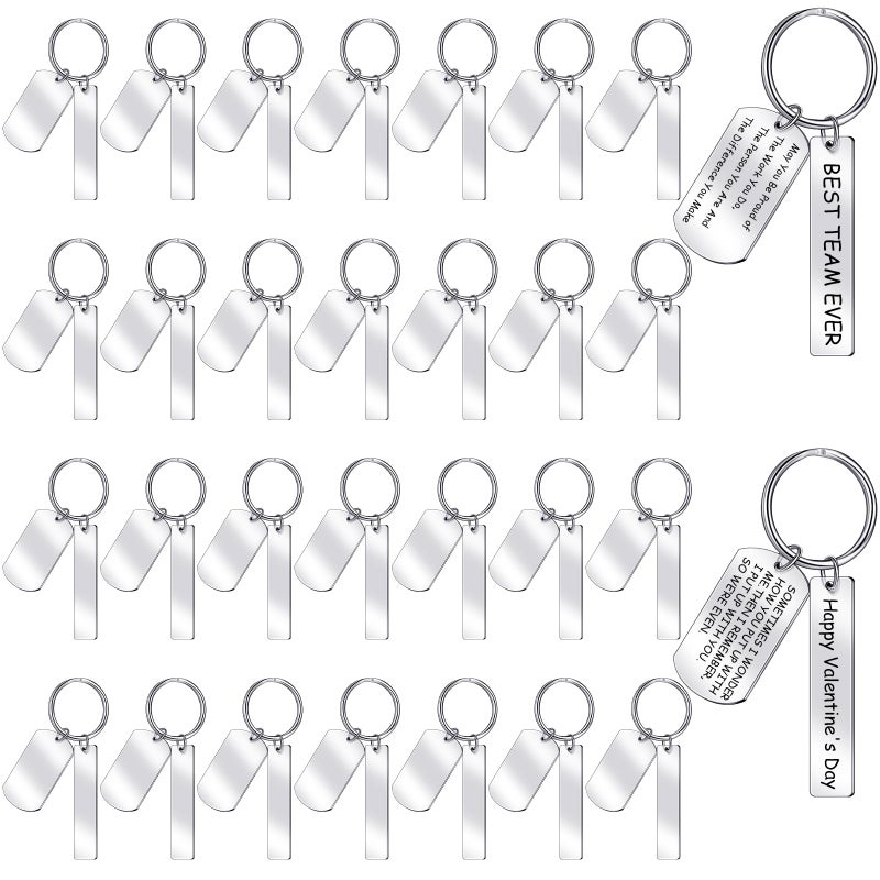 جيشافاي 30 قطعة من مفاتيح الفولاذ المقاوم للصدأ القابلة للنقش، فراغات النقش بالليزر، حلقات مفاتيح، بطاقات للحرف اليدوية والهدايا فضي