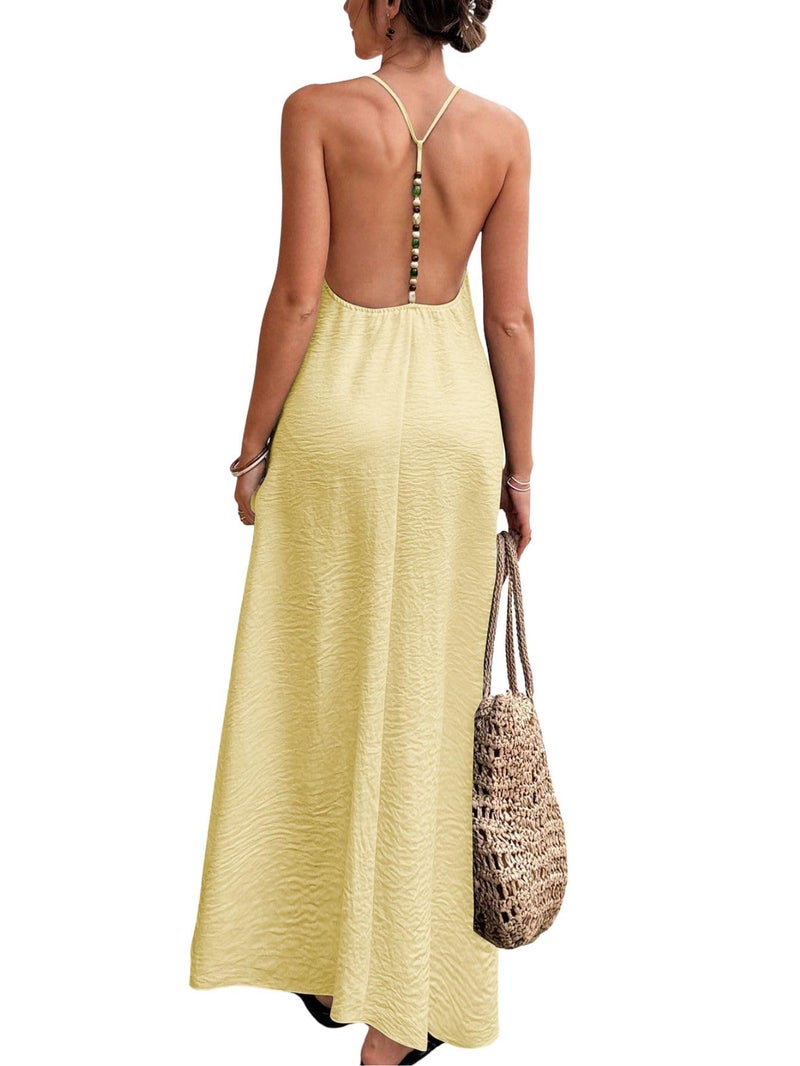 Verdusa Women's Backless Cami Dresses Linen Maxi Dress Open Back Vacation Boho Summer Outfits Pale Yellow Small - Image 1