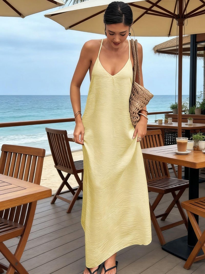 Verdusa Women's Backless Cami Dresses Linen Maxi Dress Open Back Vacation Boho Summer Outfits Pale Yellow Small - Image 2