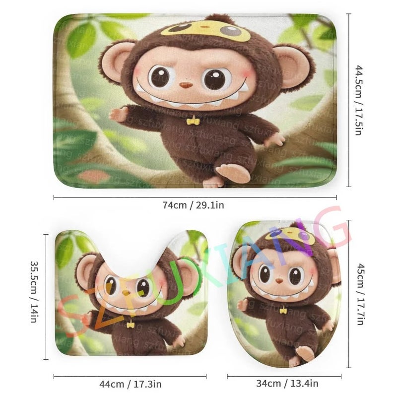 Y&D New Arrival   Monkey Shower Curtain Set for Bathroom Cute Cartoon Waterproof Bath Mat Rugs Toilet Lid Cover 4 Pcs - Image 4