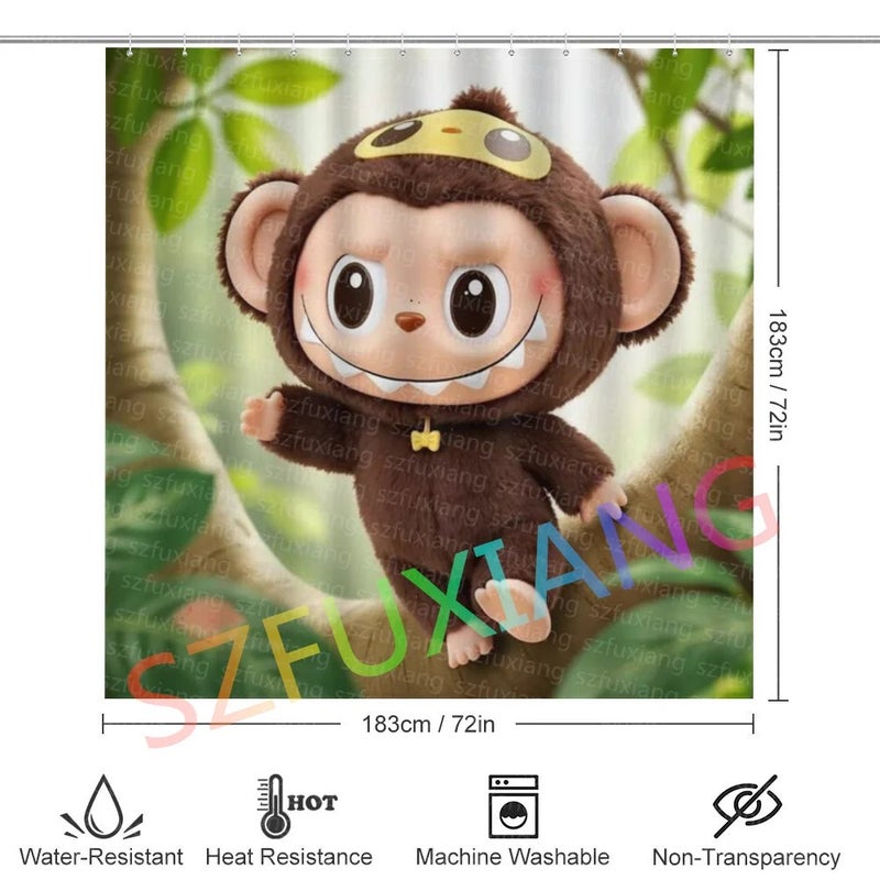 Y&D New Arrival   Monkey Shower Curtain Set for Bathroom Cute Cartoon Waterproof Bath Mat Rugs Toilet Lid Cover 4 Pcs - Image 3