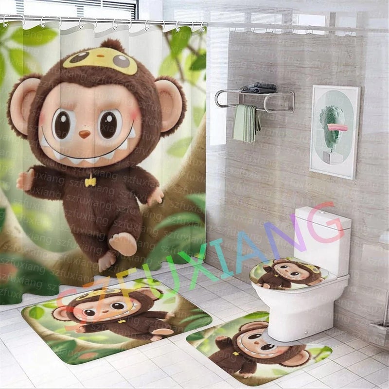 Y&D New Arrival   Monkey Shower Curtain Set for Bathroom Cute Cartoon Waterproof Bath Mat Rugs Toilet Lid Cover 4 Pcs - Image 2