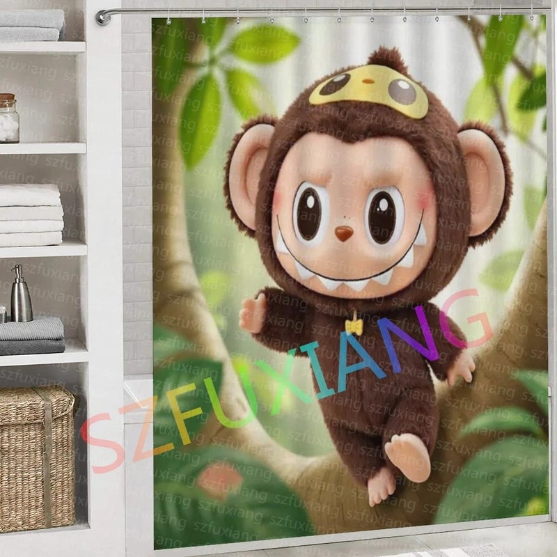 Y&D New Arrival   Monkey Shower Curtain Set for Bathroom Cute Cartoon Waterproof Bath Mat Rugs Toilet Lid Cover 4 Pcs - Image 5