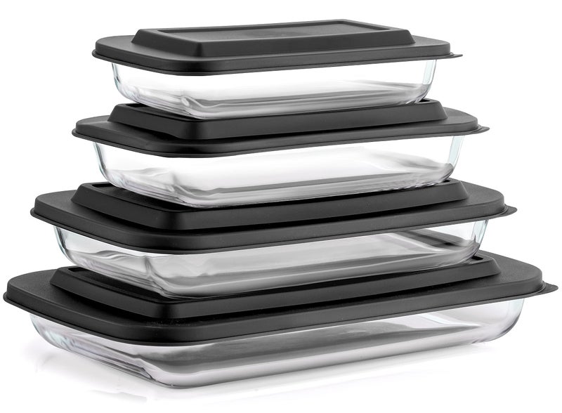 JoyJolt JoyFul by JoyJolt 8pc Glass Bakeware Set 4x Baking Pan Dishes and 4x Baking Dish Lids for Kitchen Storage Deep Baking Sheet Oven Tray Rectangle Casserole Dish Lasagna Pans Cake Baking Sheets 