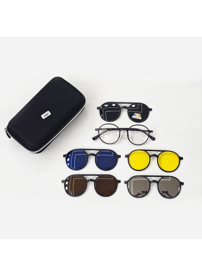 نظارة رجالي بخامة TR خفيفة ومرنة، مزودة بتقنية Clip On لسهولة تبديل العدسات حسب الاستخدام. تأتي مع 5 غيارات عدسات متنوعة تناسب الشمس، القيادة، الرؤية الليلية، والاستخدام اليومي. بالإضافة إلى ذلك، تأتي النظارة مع الجراب الأصلي الخاص بها لحماية أفضل أثناء الحمل والتخزين. تصميم عام يناسب جميع الأشكال لنفس الموديل ويوفّر راحة عالية وثبات أثناء الاستخدام.