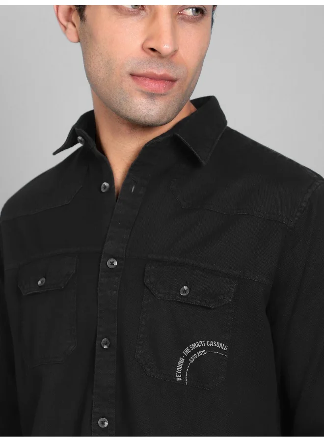 Beyoung Black Cotton Twill Casual Shirt for Men