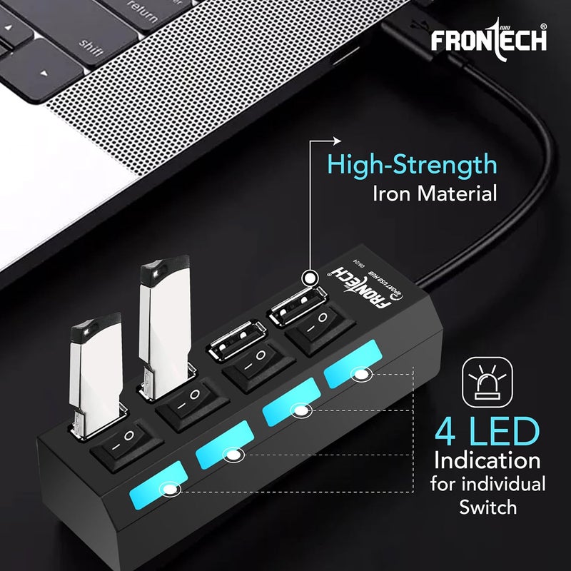 FRONTECH 2.0 USB Hub with 4 Port | Switches & LED Indicators | Extra Power Support|480 Mbps Speed - Each Port|Fuse Protection for PC, USB Flash Drives (NC-0033, Black) - Image 3