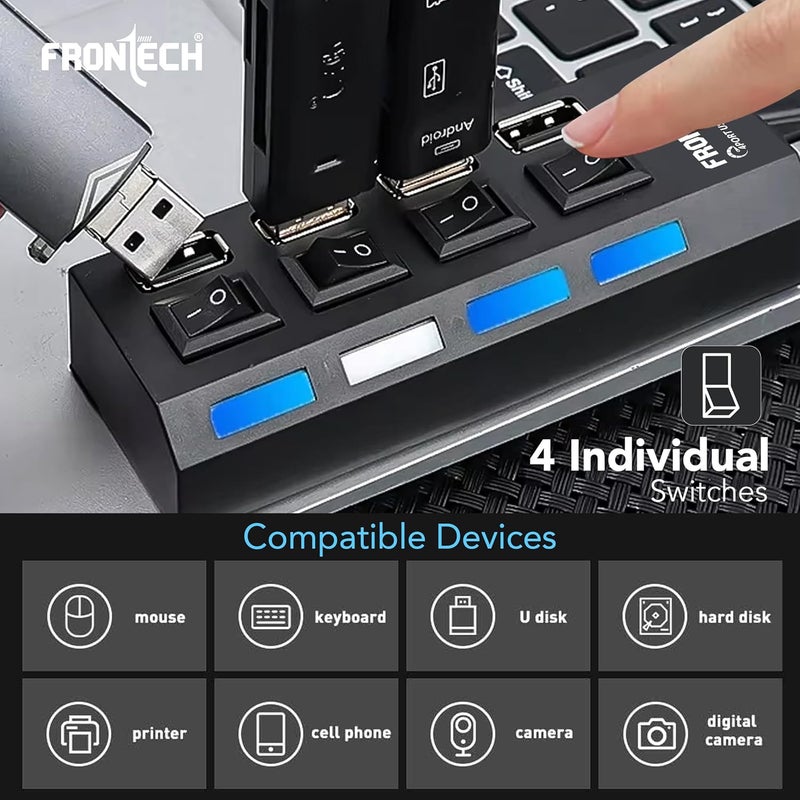 FRONTECH 2.0 USB Hub with 4 Port | Switches & LED Indicators | Extra Power Support|480 Mbps Speed - Each Port|Fuse Protection for PC, USB Flash Drives (NC-0033, Black) - Image 4