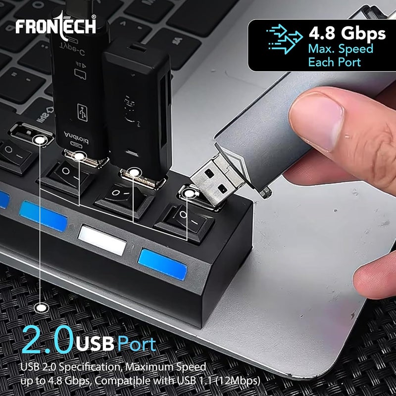 FRONTECH 2.0 USB Hub with 4 Port | Switches & LED Indicators | Extra Power Support|480 Mbps Speed - Each Port|Fuse Protection for PC, USB Flash Drives (NC-0033, Black) - Image 5