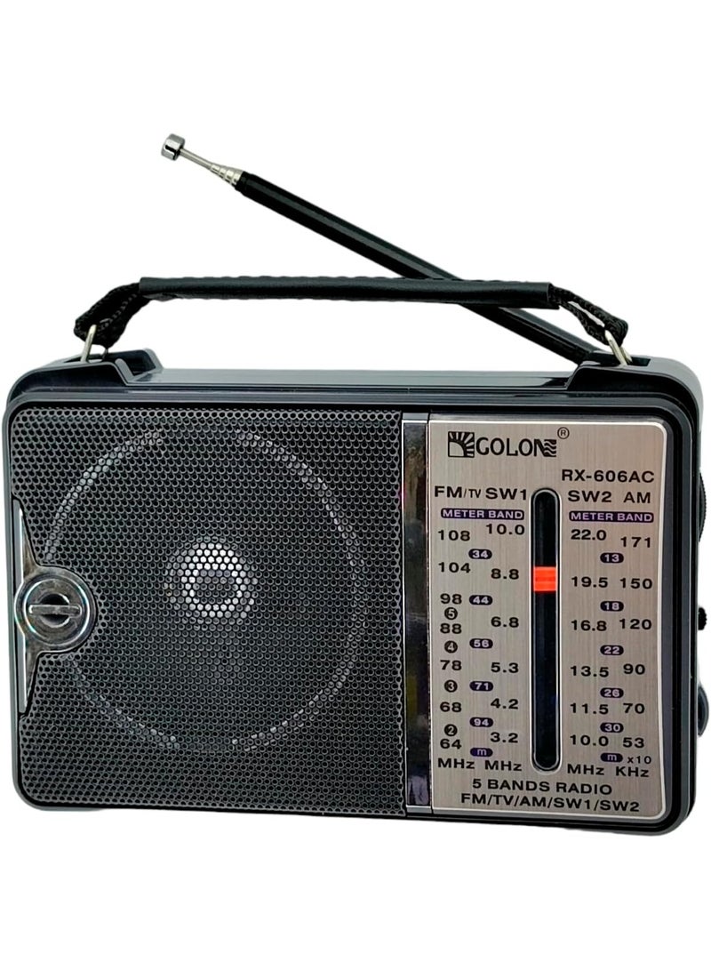 راديو جولون RX-606AC محمول 5 موجات (FM/TV/AM/SW1/SW2) – ضبط تناظري وهوائي تلسكوبي وسماعة مدمجة مع حزام حمل - Image 1