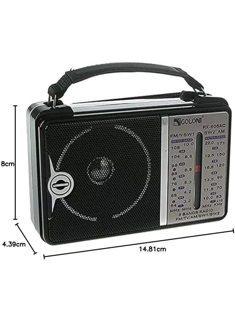 راديو جولون RX-606AC محمول 5 موجات (FM/TV/AM/SW1/SW2) – ضبط تناظري وهوائي تلسكوبي وسماعة مدمجة مع حزام حمل - Image 2