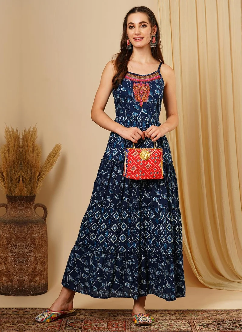 globus Globus Women's Navy Blue Ethnic Maxi Dress with Embroidered Mirror Work and Shoulder Straps
