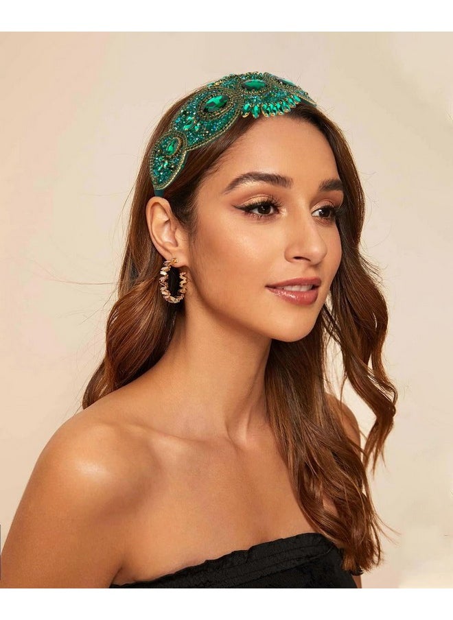 Wecoe - Green Rhinestone Headband Women Girls 3.15 Inch Wide Headband Fancy Sparkly Bling Diamond Beaded Jeweled Headband Fashion Non Slip Valentine'S Day Hair Accessories For Women Girls Gifts - Image 1