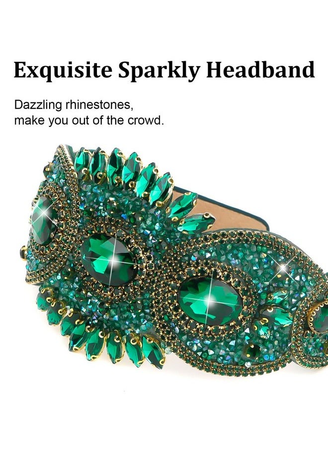 Wecoe - Green Rhinestone Headband Women Girls 3.15 Inch Wide Headband Fancy Sparkly Bling Diamond Beaded Jeweled Headband Fashion Non Slip Valentine'S Day Hair Accessories For Women Girls Gifts - Image 1