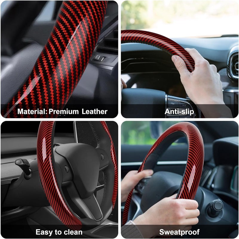 frani Leather Steering Wheel Cover, Universal 15 Inch Premium Non-Slip Steering Wheel Cover Red Carbon Fiber Texture - Image 5