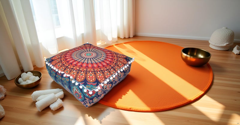CRAFT KALA Large Hippie Mandala Meditation Floor Ottoman Pillow Cushion Pouf Cover Square Poufs Bohemian Circle Floor Cushion Case Outdoor Fireplace Yoga Living Room Decor Cover Orange, 16" Square - Image 2