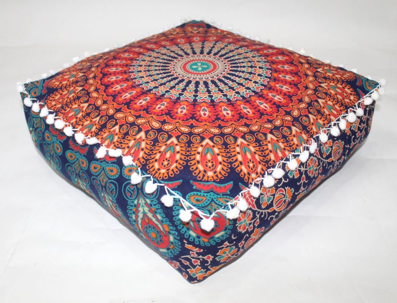 CRAFT KALA Large Hippie Mandala Meditation Floor Ottoman Pillow Cushion Pouf Cover Square Poufs Bohemian Circle Floor Cushion Case Outdoor Fireplace Yoga Living Room Decor Cover Orange, 16" Square - Image 1