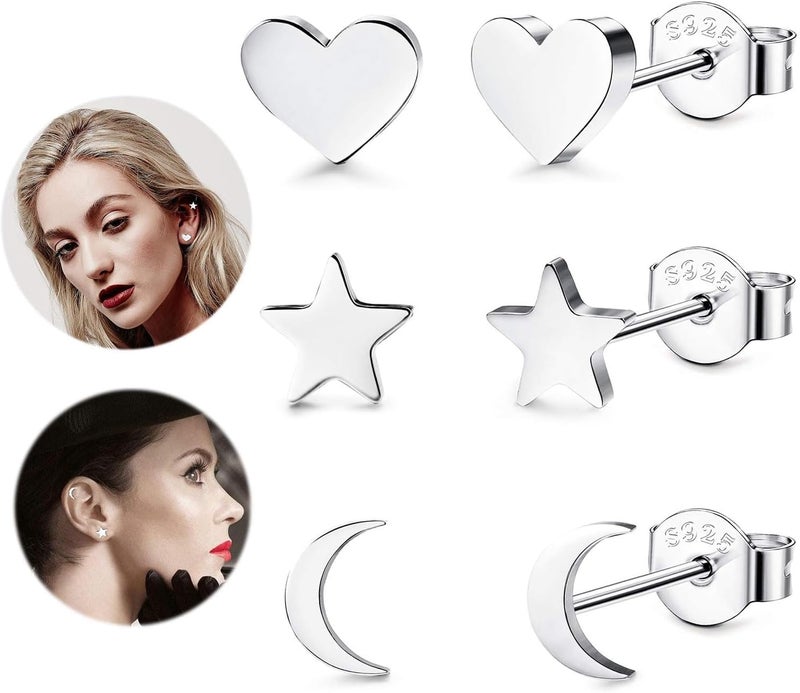 Excefore 925 Sterling Silver Stud Earrings Set, Hypoallergenic Sterling Silver Earrings For Women & Girls, Tiny Moon Star Heart Stud Earring, 3 Pairs Different Sizes 925 Silver Earring Studs with Box - Image 5