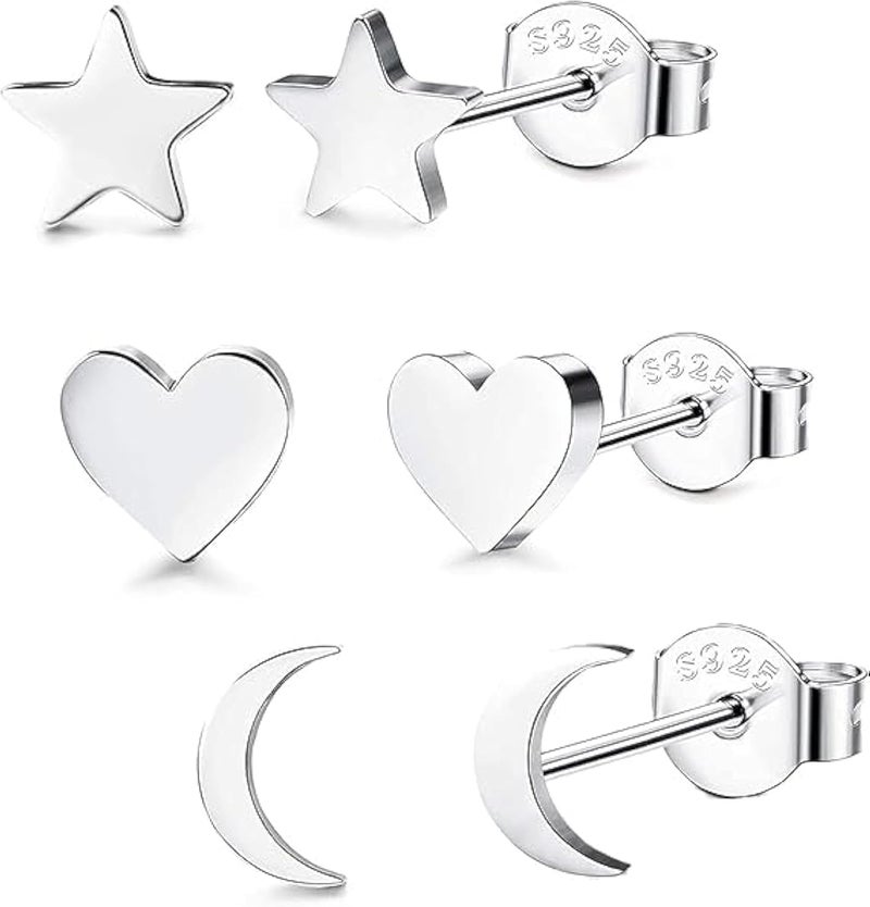 Excefore 925 Sterling Silver Stud Earrings Set, Hypoallergenic Sterling Silver Earrings For Women & Girls, Tiny Moon Star Heart Stud Earring, 3 Pairs Different Sizes 925 Silver Earring Studs with Box - Image 1