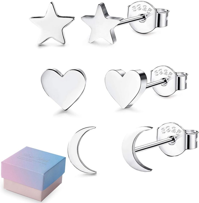 Excefore 925 Sterling Silver Stud Earrings Set, Hypoallergenic Sterling Silver Earrings For Women & Girls, Tiny Moon Star Heart Stud Earring, 3 Pairs Different Sizes 925 Silver Earring Studs with Box - Image 4