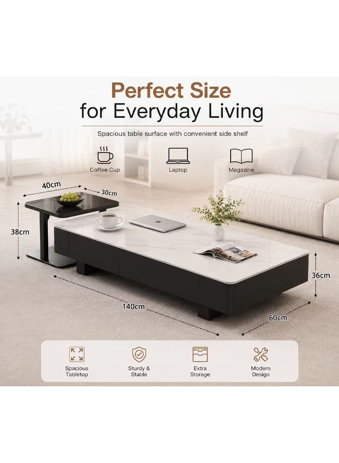 keke Coffee Table Living Room Home Simple Style Light Luxury White Slate + Black Cabinet 140*60cm - Image 3
