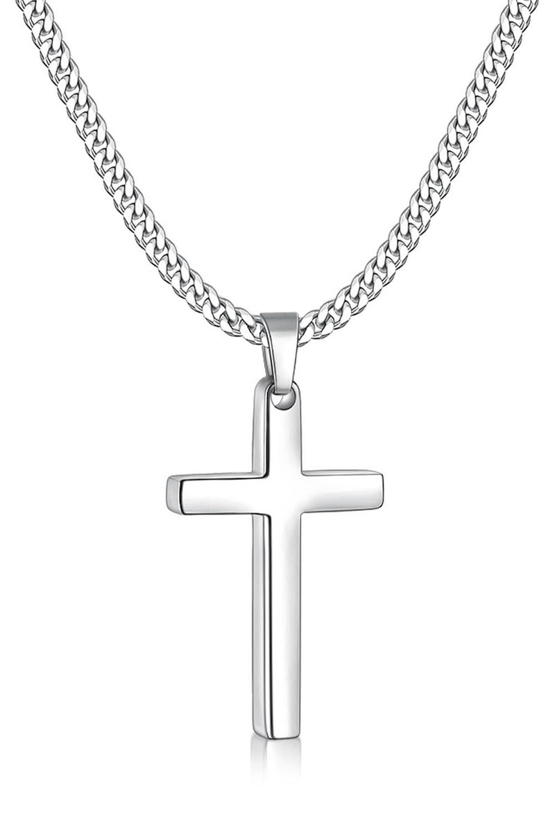 Fiusem Silver Tone Cross Necklace for Men, Mens Cross Necklaces with 3.5mm Chain and Stainless Steel Pendant Small, Cuban Chain 20 Inch - Image 1