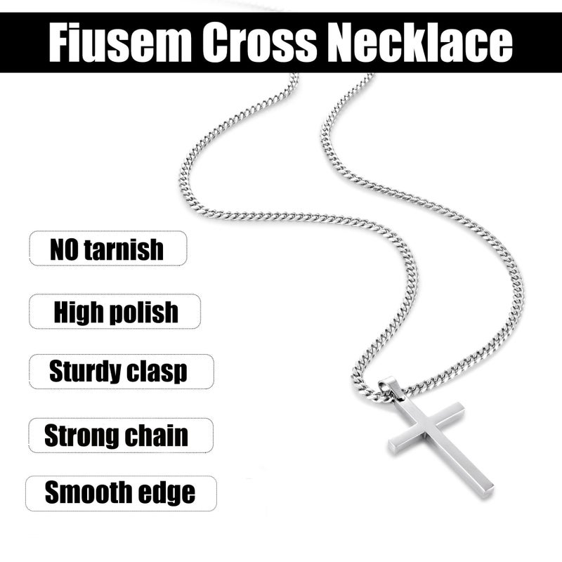 Fiusem Silver Tone Cross Necklace for Men, Mens Cross Necklaces with 3.5mm Chain and Stainless Steel Pendant Small, Cuban Chain 20 Inch - Image 5