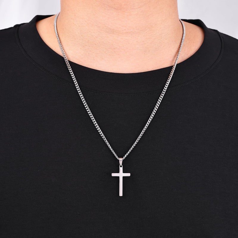 Fiusem Silver Tone Cross Necklace for Men, Mens Cross Necklaces with 3.5mm Chain and Stainless Steel Pendant Small, Cuban Chain 20 Inch - Image 4