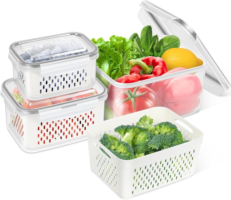 Snazzy 3Pack Fridge Food Storage Container Set With Lids With StrainerPlastic Fresh Produce Saver Vegetable Fruit Meat Storage Organization BpaFree Plastic Produce Keepers Beige - Image 1