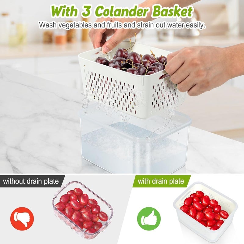 Snazzy 3Pack Fridge Food Storage Container Set With Lids With StrainerPlastic Fresh Produce Saver Vegetable Fruit Meat Storage Organization BpaFree Plastic Produce Keepers Beige - Image 5