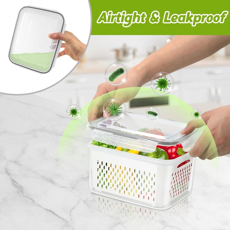 Snazzy 3Pack Fridge Food Storage Container Set With Lids With StrainerPlastic Fresh Produce Saver Vegetable Fruit Meat Storage Organization BpaFree Plastic Produce Keepers Beige - Image 4
