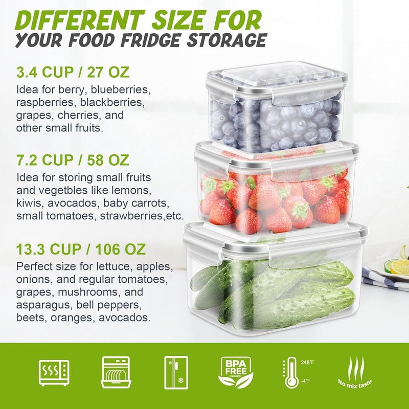 Snazzy 3Pack Fridge Food Storage Container Set With Lids With StrainerPlastic Fresh Produce Saver Vegetable Fruit Meat Storage Organization BpaFree Plastic Produce Keepers Beige - Image 2