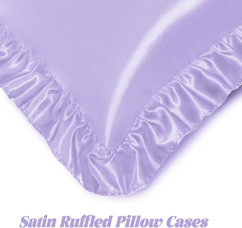 Homiest غطاء وسادة من الساتان المكشكش من هوميست للشعر والبشرة، أغطية وسائد ساتان مقاس كوين مجموعة من قطعتين، غطاء وسادة ساتان مكشكش مع إغلاق مغلف، أغطية وسائد مضادة للتجاعيد (لافندر) - Image 5