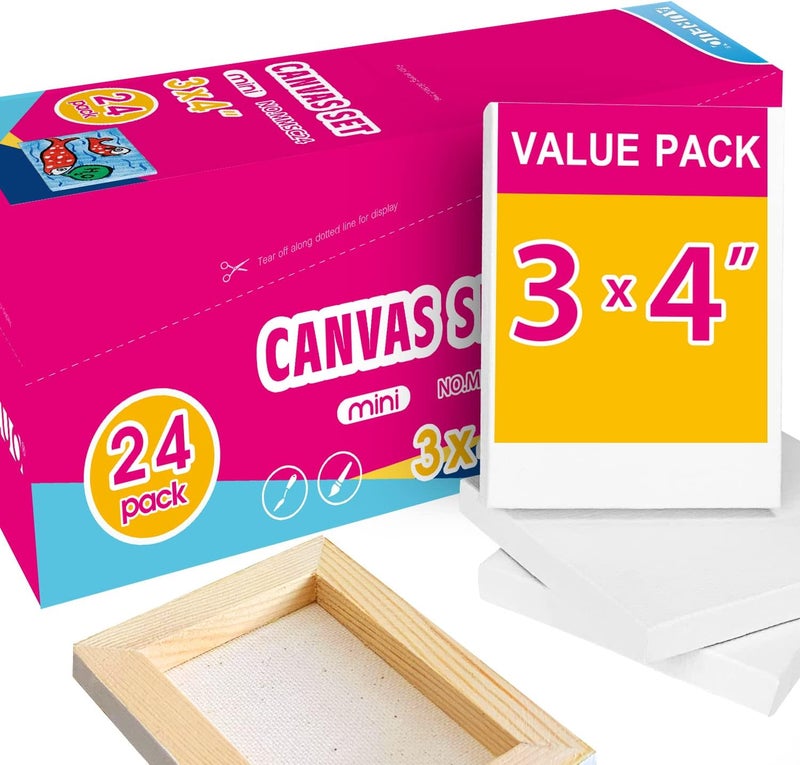 AUREUO Mini Stretched Canvas - 3x4 Inch/24 Pack - 2/5 Inch Profile Small Square Canvas - Gift Set Bulk Pack Canvases for Acrylic Painting & Craft - Image 1