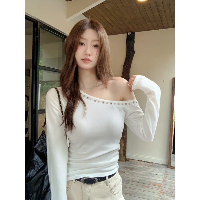 2024 Early Autumn Niche All-Match Slimming Sweet Spice Girls T-Shirt Slant Shoulder Rivet Slim-Fit Spice Girls Long Sleeve Top Ins - Image 1