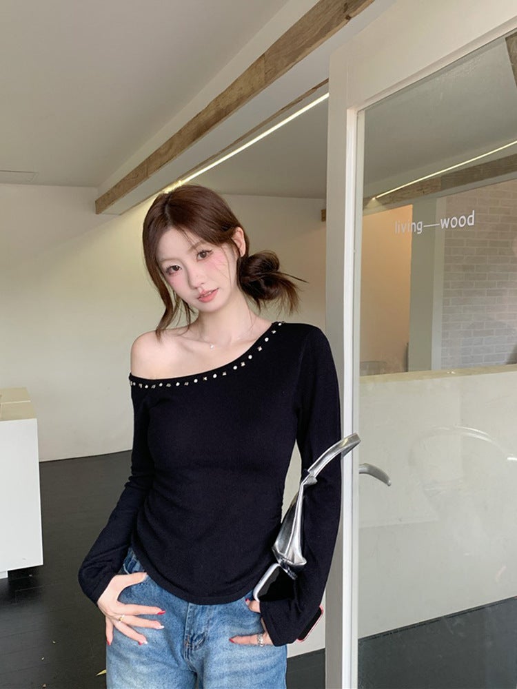 2024 Early Autumn Niche All-Match Slimming Sweet Spice Girls T-Shirt Slant Shoulder Rivet Slim-Fit Spice Girls Long Sleeve Top Ins - Image 5