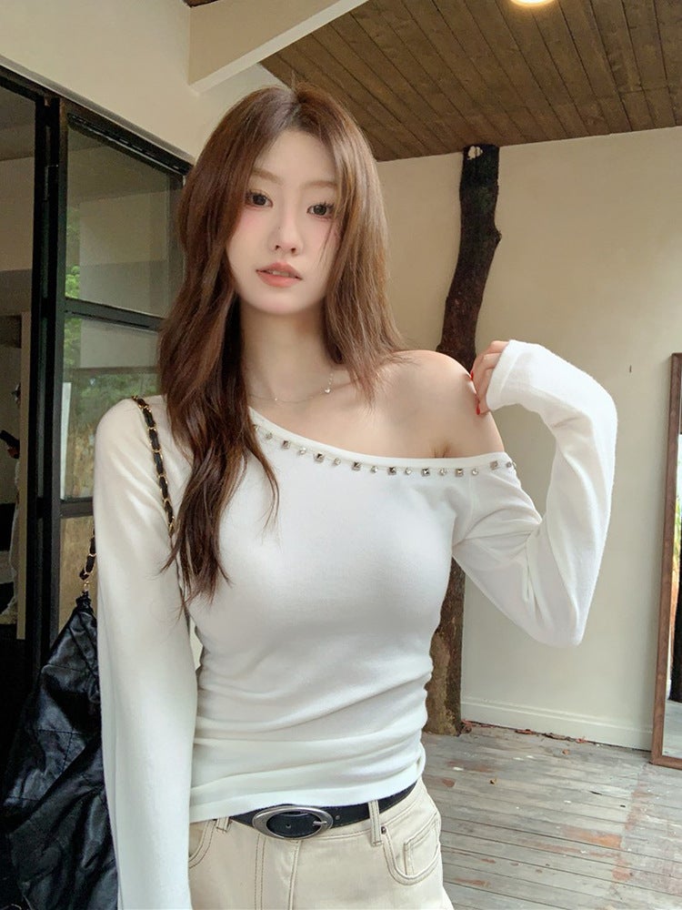 2024 Early Autumn Niche All-Match Slimming Sweet Spice Girls T-Shirt Slant Shoulder Rivet Slim-Fit Spice Girls Long Sleeve Top Ins - Image 3