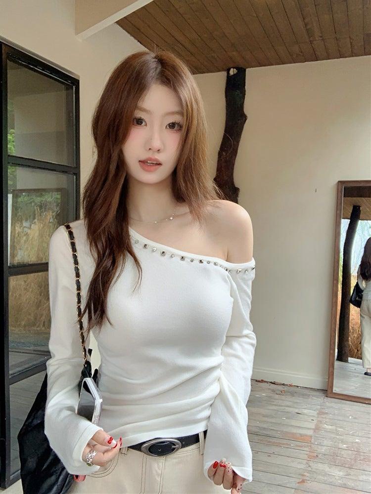 2024 Early Autumn Niche All-Match Slimming Sweet Spice Girls T-Shirt Slant Shoulder Rivet Slim-Fit Spice Girls Long Sleeve Top Ins - Image 4