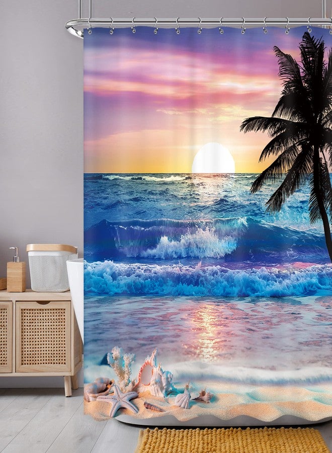Newsely Ocean Sunrise Shower Curtain 60Wx72H Inch Beach Tropical Palm Tree Hawaiian Sunset Coastal Scenery Sea Wave Shower Curtain Bathroom Set Summer Waterproof Bath Decoration Accessories Home Decor - Image 1