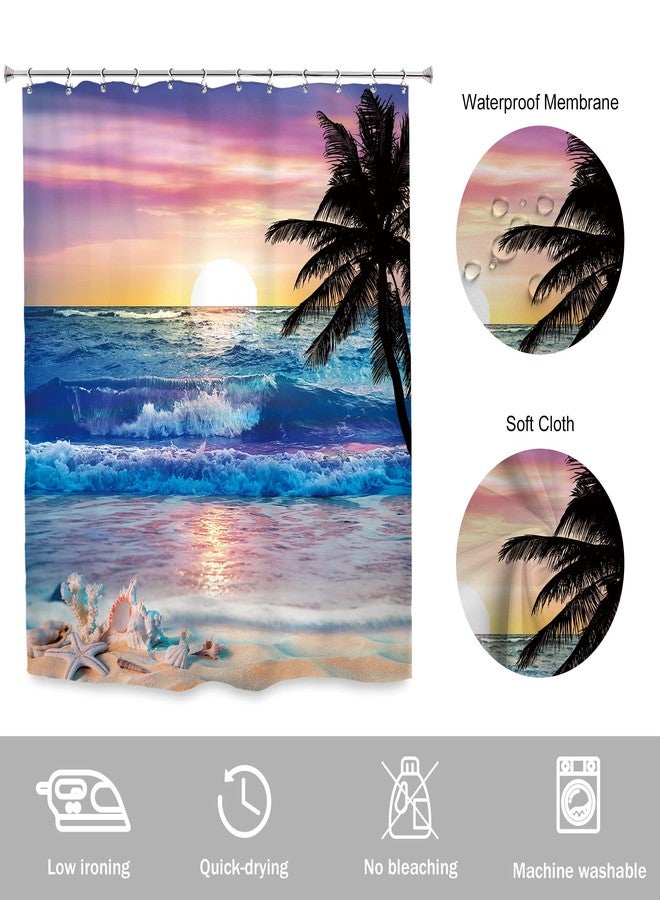 Newsely Ocean Sunrise Shower Curtain 60Wx72H Inch Beach Tropical Palm Tree Hawaiian Sunset Coastal Scenery Sea Wave Shower Curtain Bathroom Set Summer Waterproof Bath Decoration Accessories Home Decor - Image 4