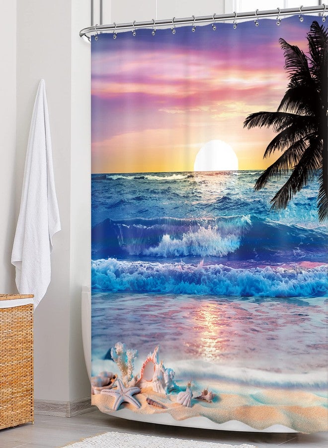 Newsely Ocean Sunrise Shower Curtain 60Wx72H Inch Beach Tropical Palm Tree Hawaiian Sunset Coastal Scenery Sea Wave Shower Curtain Bathroom Set Summer Waterproof Bath Decoration Accessories Home Decor - Image 2