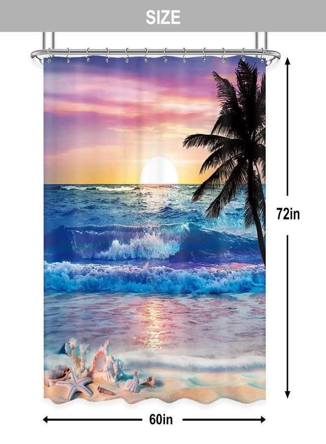 Newsely Ocean Sunrise Shower Curtain 60Wx72H Inch Beach Tropical Palm Tree Hawaiian Sunset Coastal Scenery Sea Wave Shower Curtain Bathroom Set Summer Waterproof Bath Decoration Accessories Home Decor - Image 3