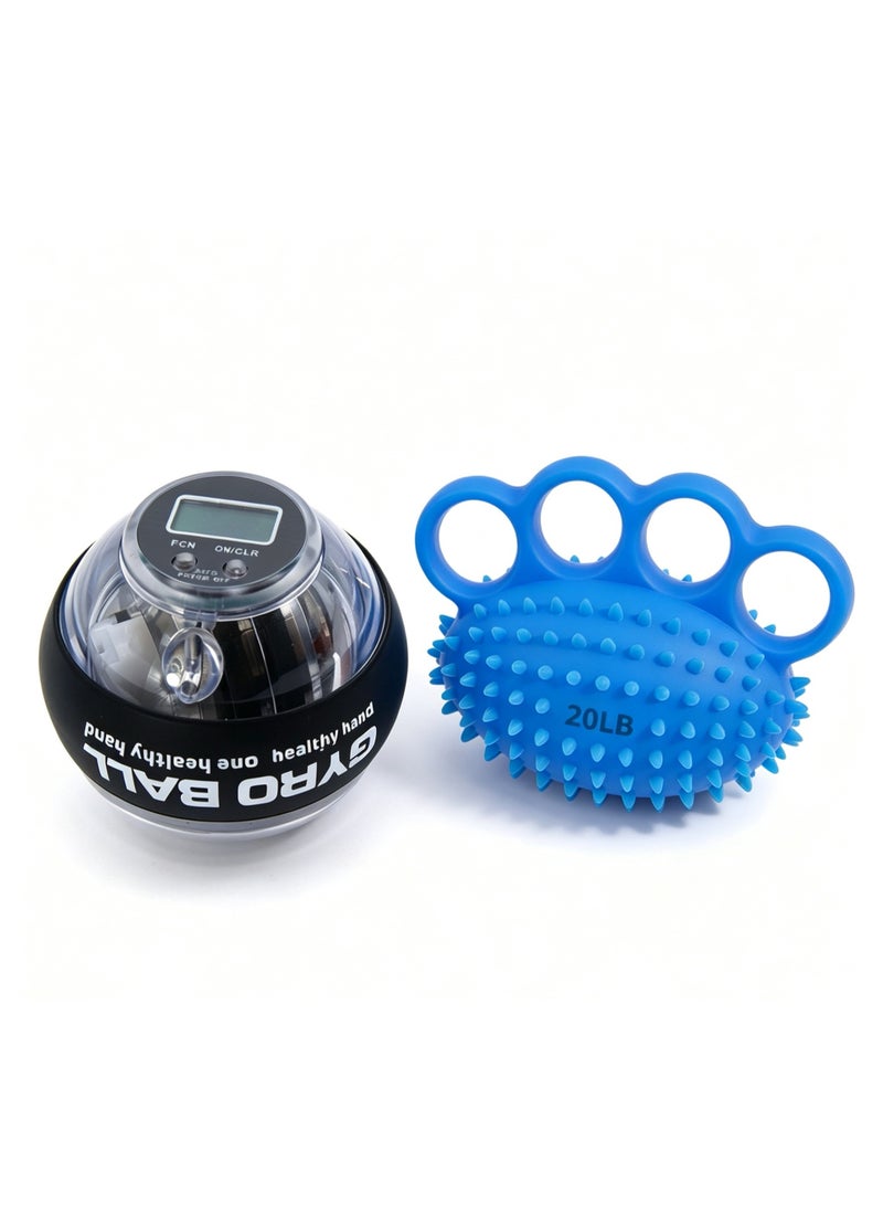 kayan home 2-in-1 Hand Training Set: Finger Therapy Ball with Finger Rings & Massage Spikes + Auto-Start LED Power Ball with Counter & Ball Bag, Hand Grip Strengthener Kit for Strength, Flexibility & Recovery - Blue & Black - Image 1