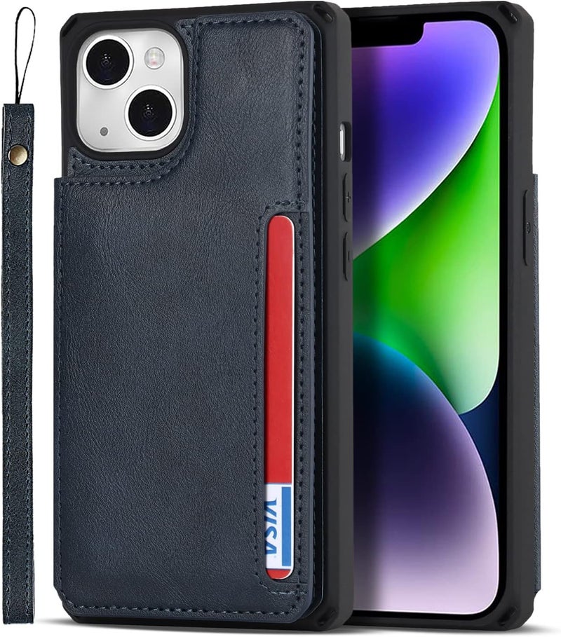 iCoverCase for iPhone 14 Plus Wallet Case with Card Holder, PU Leather Kickstand Magnetic Clasp Flip Shockproof Cover Case with Strap for iPhone 14 Plus - Blue - Image 2