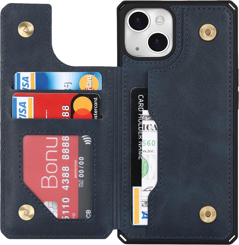 iCoverCase for iPhone 14 Plus Wallet Case with Card Holder, PU Leather Kickstand Magnetic Clasp Flip Shockproof Cover Case with Strap for iPhone 14 Plus - Blue - Image 4